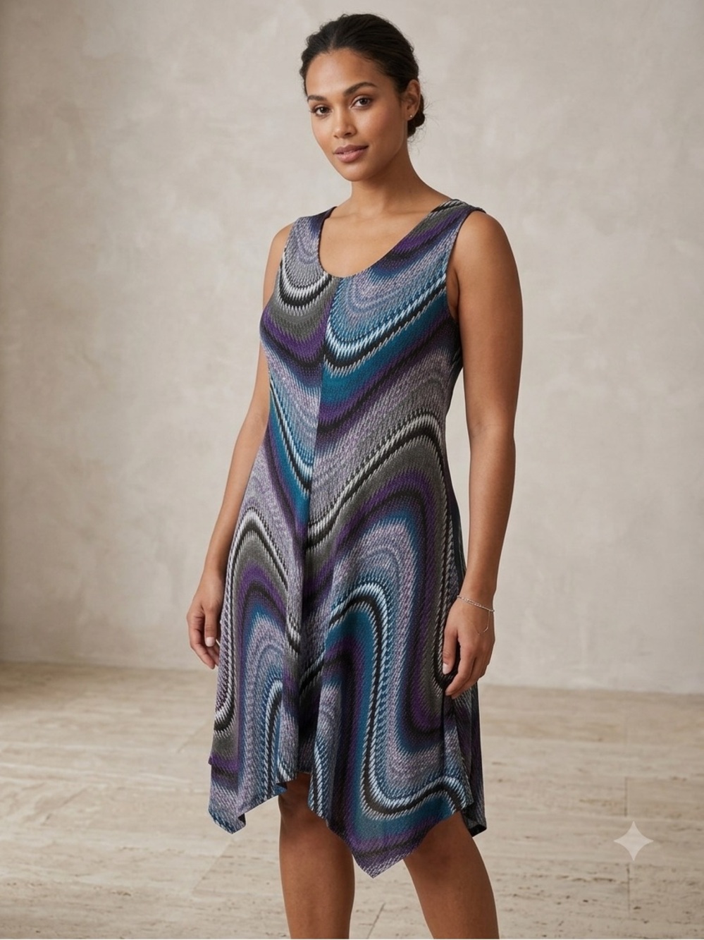 Sleeveless Swing Dress in Teal, Purple & Black Papa Vancouver